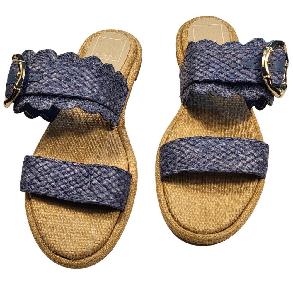 Dolce Vita Alroy slide sandals featuring blue woven raffia straps size 6.5